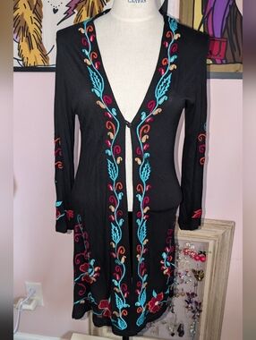 Scully Black Long Sleeve Embroidered V-Front Dress